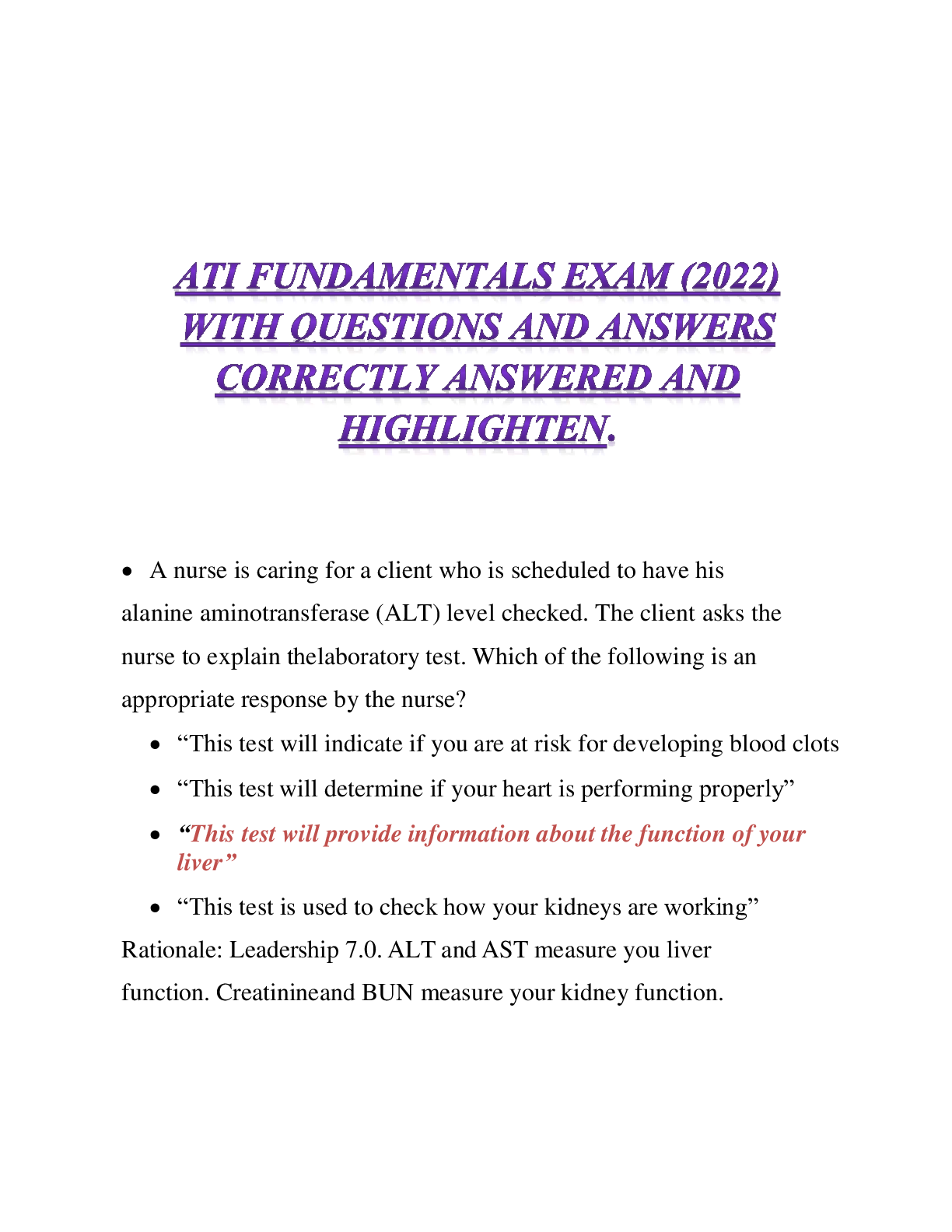 Preview image for ATI FUNDAMENTALS EXAM (2022) WITH QUESTIONS AND ANSWERS CORRECTLY ANSWERED AND HIGHLIGHTEN.